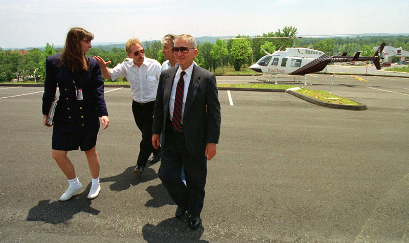 Ross Perot arrives by helicopter to the Grand Palace