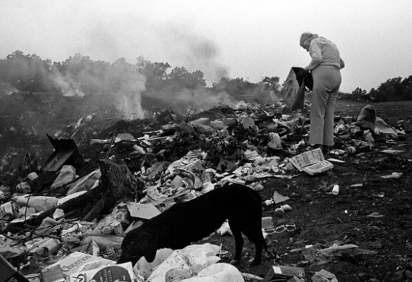 Humans and animals pick through pick through garbage at an open burn waste dump in the rural Ozarks-1976.